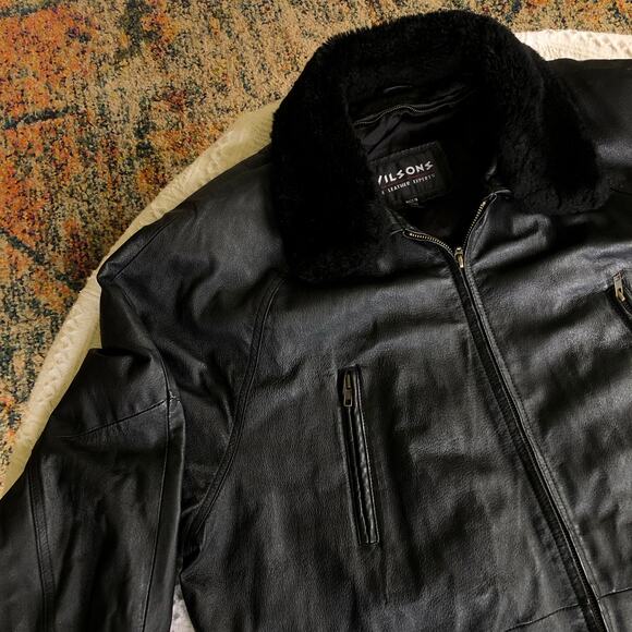Vintage Womens Wilson Black Leather Coat Removable Faux Fur Collar XL Mid Length - Picture 3 of 13